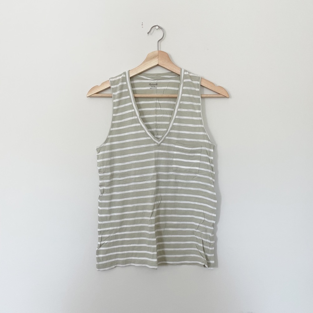 Madewell Sage Green & White V Neck Tank Top